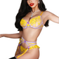 Ensemble lingerie jaune avec porte-jarretelles et détails lilas, coupe ajustée et allure glamour sophistiquée