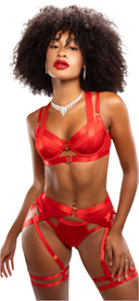 Lingerie rouge femme avec sangles architecturales et coupe sculptante, inspirée d’un univers mode audacieux et glamour