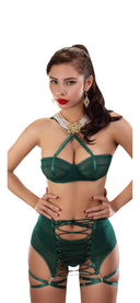 Ensemble lingerie verte émeraude femme au design structuré avec lacets frontaux et jarretelles, silhouette sculptée dans un style couture moderne et audacieux