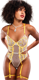 Ensemble body jaune lumineux avec lignes architecturales et coupe flatteuse, esthétique sensuelle et chic contemporaine