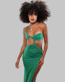 Robe verte glamour KIMY MARINA PARIS avec silhouette sensuelle et allure couture raffinée inspirée des tendances luxe contemporaines