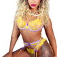 Ensemble lingerie jaune et lilas raffiné avec transparence et détails couture, style féminin luxueux