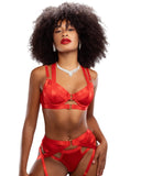 Ensemble lingerie rouge profond avec soutien-gorge structuré et finitions élégantes, révélant une féminité affirmée et contemporaine