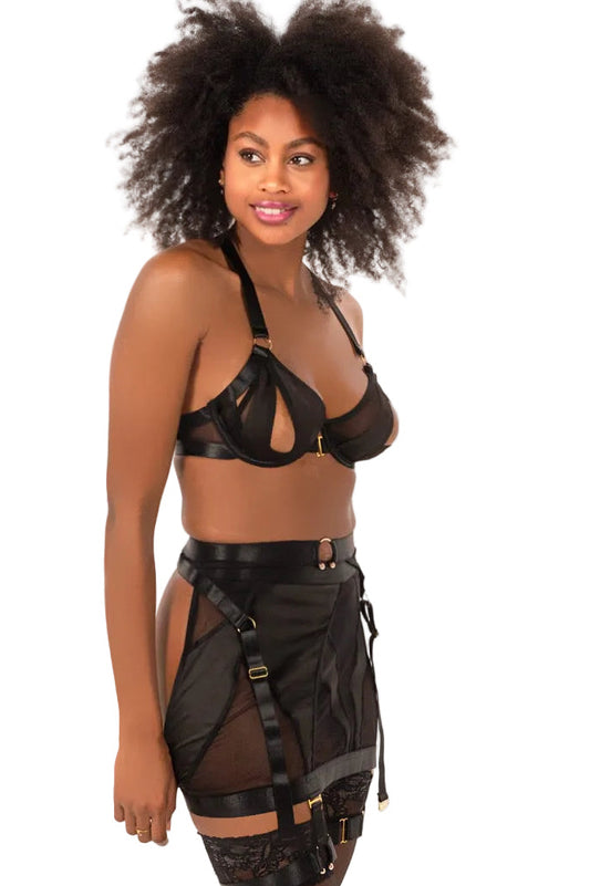 Lingerie noire harnais vue profil trois quarts MARINA PARIS Obsession Noire