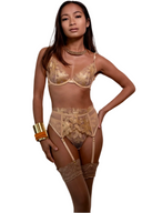     Ensemble lingerie SOLEIL IMPÉRIALE en dentelle dorée et transparence nude, inspiré de l’élégance couture et du glamour raffiné MARINA PARIS.